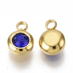 Sapphire Rhinestone Charms, September Birthstone Charms, with 201 Stainless Steel, Flat Round, Golden, Sapphire, 9x6.5x4mm, Hole: 1.8mm
