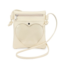 Pale Goldenrod PU Leather Crossbody Bags, Rectangle Women Bags, with Heart Clear Window & Zipper Lock, Pale Goldenrod, 21.5x19x1cm