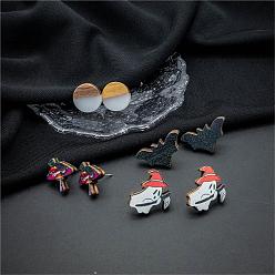 Mixed Color Halloween Mushroom Ghost Bat Wood Stud Earring Sets, Resin & Wood Flat Round Ear Studs for Women, Mixed Color, 15~25x15~18mm, 4pairs/set