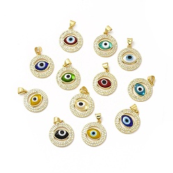 Mixed Color Rack Plating Real 18K Gold Plated Brass Micro Pave Clear Cubic Zirconia Pendants, with Handmade Lampwork, Cadmium Free & Lead Free, Long-Lasting, Flat Round with Evil Eye, Mixed Color, 20x17.5x3.5mm, Hole: 5.5x4mm