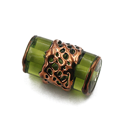 Green Yellow Retro Czech Glass Beads, Red Copper Metal Grid Beads, Column, Green Yellow, 16x8mm