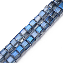 Синий Гальванизируйте прозрачное стекло бисер нитей, граненые, кубические, синие, 7x7x7 мм, отверстие : 1.4 мм, около 100 шт / нитка, 26.77 дюйм (68 см)