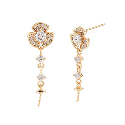 Real 18K Gold Plated Flower Shape Brass Micro Pave Clear Cubic Zirconia Earring Findings, for Half Drilled Beads, Nickel Free, Real 18K Gold Plated, 27.5x8.5mm, Pin: 0.7mm, Pin: 0.7mm(for half drilled beads)