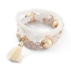 Antique White Multi-layered Stretch Bracelets Sets, Stackable Bracelets, with Acrylic Beads, Golden Plated Alloy Spacer Beads and Yarn Tassel Pendants, Antique White, Inner Diameter: 1-7/8~2-1/8 inch(4.9~5.3cm), 3pcs/set