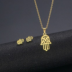 Golden 304 Stainless Steel Hamsa Hand Stud Earrings and Pendant Necklace, Jewelry Set for Mother's Day, Golden, 17.32inch(44cm), 9x6.5x1mm, Pin: 0.8mm