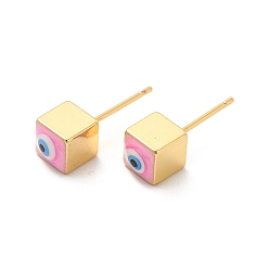 Pink Long-Lasting Plated Cube with Enamel Evil Eye Stud Earring, Real 18K Gold Plated Brass Jewelry for Women, Pink, 6x6mm, Pin: 0.8mm