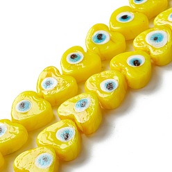 Jaune Main mal de perles au chalumeau des yeux, cœur, jaune, 14.5~15x15.5~16x6.5~7.5mm, Trou: 1~1.6mm, Environ 25 pcs/chapelet, 14.02~13.66 pouce (34.7~35.6 cm)