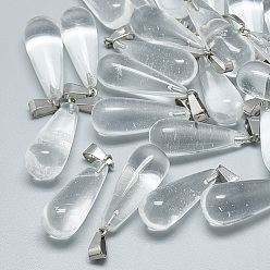 Cristal de Quartz Pendeloques de cristal de quartz synthétique, avec cliquet en acier inoxydable, larme, 28~30x10~12mm, Trou: 6x4mm