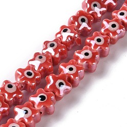 Roja Hebras de cuentas de cerámica de porcelana hecha a mano, famille estilo rosa, estrella con mal de ojo, rojo, 10.5x11x8 mm, agujero: 3 mm, sobre 32 unidades / cadena, 11.89~12.13 pulgada (30.2~30.8 cm)