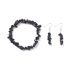 Obsidian Natural Obsidian Chips Beaded Jewelry Set, Gemstone Stretch Bracelets & Dangle Earrings for Women, Platinum, 35mm, Pin: 0.5mm, Inner Diameter: 2-1/8 inch(55mm)