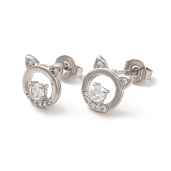 Platine Boucles d'oreilles chat creuses en zircon cubique clair, bijoux en laiton de placage de rack pour les femmes, sans cadmium et sans plomb, platine, 9x8mm, pin: 0.7 mm