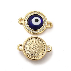 Blue Rack Plating Real 18K Gold Plated Brass Micro Pave Clear Cubic Zirconia Connector Charms, Flat Round with Evil Eye Links, with Handmade Lampwork, Cadmium Free & Lead Free, Long-Lasting, Blue, 18.5x13x4mm, Hole: 1.4mm