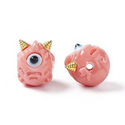 Pink Perles de résine opaques d'halloween, avec cornes en alliage doré, monstre à un seul œil, rose, 13x10.5x12mm, Trou: 1.8mm