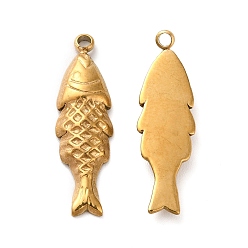 Golden Ion Plating(IP) 304 Stainless Steel Pendants, Fish Charm, Golden, 23x7x2.5mm, Hole: 1.5mm
