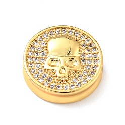 Real 18K Gold Plated Brass Micro Pave Clear Cubic Zirconia Beads, Long-Lasting Plated, Lead Free & Cadmium Free, Flat Round with Skull, Real 18K Gold Plated, 14.5x4mm, Hole: 1.8mm