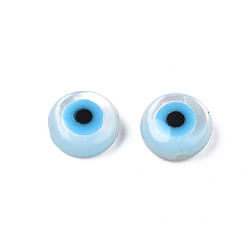 Deep Sky Blue Natural White Shell Mother of Pearl Shell Beads, with Synthetic Turquoise, Evil Eye, Deep Sky Blue, 6x2mm, Hole: 0.7mm