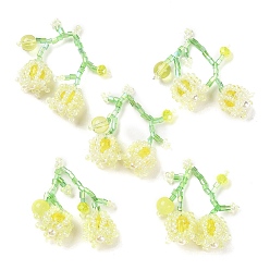 Yellow Seed & Acrylic & ABS Plastic Pearl Beaded Pendants, Cherry Charms, Yellow, 30~32x33~35x12~13mm, Hole: 1.2~1.4mm