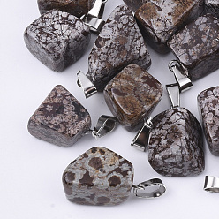 Obsidiana Copo de Nieve Copo de nieve colgantes naturales de obsidiana, con broches de presión de acero inoxidable, pepitas, 15~35x10~20x5~15 mm, agujero: 3x7.5 mm