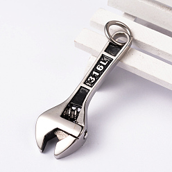 Antique Silver 304 Stainless Steel Big Pendants, Wrench Carved 316L, Antique Silver, 60.5x21x9mm, Hole: 8mm