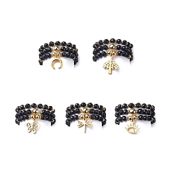 Black Onyx 15Pcs 5 Set Natural Black Onyx & Synthetic Hematite Beaded Stretch Rings Set, Moon & Tree & Butterfly & Dragonfly & Eye 304 Stainless Steel Charms Stackable Rings for Women, US Size 8 1/2(18.5mm)