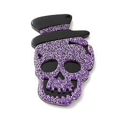 Purple Halloween Acrylic Pendants,  with Sequins, Skull with Hat Charm, Purple, 45x30x4mm, Hole: 2mm