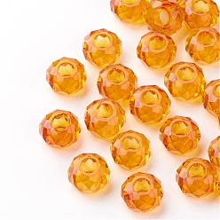 Orange Glass European Beads, Large Hole Beads, No Metal Core, Rondelle, Orange, 14x8mm, Hole: 5mm