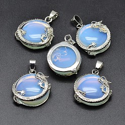 Opalite Flat Round with Dragon Platinum Plated Brass Opalite Pendants, Cadmium Free & Lead Free, 26.5x24x9mm, Hole: 7x4mm