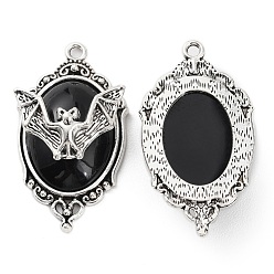 Black Halloween Alloy Oval Pendants, Bat Charms with Resin, Antique Silver, Black, 42.5x23.5x10mm, Hole: 2.2mm