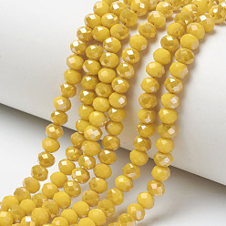 Gold Electroplate Opaque Glass Beads Strands, Half Rainbow Plated, Faceted, Rondelle, Gold, 4x3mm, Hole: 0.4mm, about 123~127pcs/strand, 16.5~16.9 inch(42~43cm)