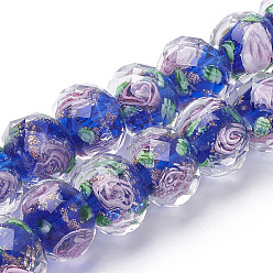 Blue Handmade Gold Sand Lampwork Beads Strands, Inner Flower, Faceted Rondelle, Blue, 11~12x8~9mm, Hole: 1.6~2mm, about 45pcs/strand, 17.3 inch