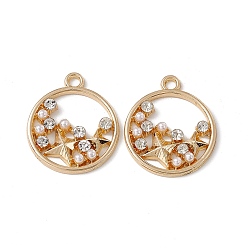 Oro Colgantes de diamantes de imitación de aleación de cristal, con cuentas de perlas de imitación de plástico abs, redondo plano con colgante de estrella, dorado, 21.5x18.5x3 mm, agujero: 1.8 mm