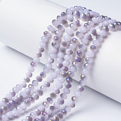 Lilac Electroplate Glass Beads Strands, Imitation Jade, Half Purple Plated, Faceted, Rondelle, Lilac, 4x3mm, Hole: 0.4mm, about 130pcs/strand, 16.54 inch(42cm)