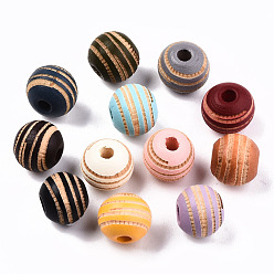 Mixed Color Painted Natural Wood Beads, Laser Engraved Pattern, Round with Zebra-Stripe, Mixed Color, 10x8.5mm, Hole: 2.5mm