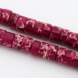 Rouge Violet Moyen Brins de perles de jaspe impérial synthétiques, teint, perles heishi, Plat rond / disque, support violet rouge, 6~6.5x4mm, Trou: 0.5mm, Environ 100 pcs/chapelet, 15.7 pouce