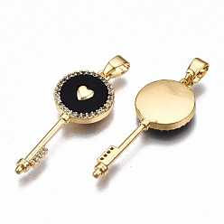 Black Brass Micro Pave Clear Cubic Zirconia Pendants, with Enamel, Nickel Free, Key with Heart, Real 18K Gold Plated, Black, 29x11.5x3mm, Hole: 2.5x4.5mm