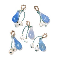 Plaqué 14K Or Véritable Décorations pendentif en forme de larme d'agate bleue naturelle, Ornement de pompon en perles naturelles avec accessoires en laiton, réel 14 k plaqué or, 40mm, Trou: 5x3mm