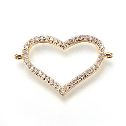 Golden Brass Micro Pave Cubic Zirconia Links, Heart, Clear, Golden, 17.5x28x2mm, Hole: 1mm