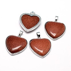 Goldstone Heart Platinum Plated Brass Synthetic Goldstone Pendants, Cadmium Free & Lead Free, 36x31x7mm, Hole: 4x8mm