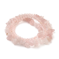 Quartz Rose Bracelets enveloppants extensibles à trois boucles, avec naturel a augmenté perles de quartz, rond et puce, 22.04 pouce (56 cm)