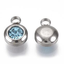 Aquamarine Rhinestone Charms, March Birthstone Charms, with 201 Stainless Steel, Flat Round, Stainless Steel Color, Aquamarine, 9x6.5x4mm, Hole: 1.8mm