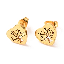 Golden Ion Plating(IP) 304 Stainless Steel Stud Earrings, Heart with Tree, Golden, 11x10mm, Pin: 0.8mm