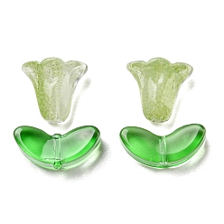 Lawn Green Glass Beads, Morning Glory Flower & Leaf, Lawn Green, 10x10.5x5.5mm, Hole: 1mm, 6.5x14x4.5mm, Hole: 1mm, 20pcs/bag