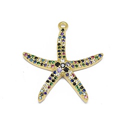 Golden Alloy Micro Pave Cubic Zirconia Pendants, Long-Lasting Plated, Starfish/Sea Stars, Colorful, Golden, 26x24x4mm, Hole: 1.2mm