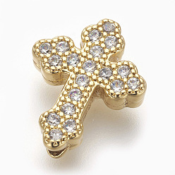 Golden Brass Micro Pave Cubic Zirconia Beads, Lead Free & Cadmium Free, Cross, Clear, Golden, 15x12x4mm, Hole: 1.6mm