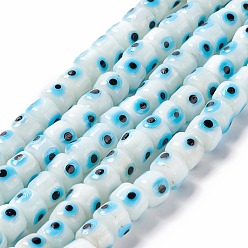 White Handmade Evil Eye Lampwork Beads Strands, Column, White, 7.5~8.5x5~6mm, Hole: 1.4mm, about 39~40pcs/strand, 9.06~9.45 inch(23~24cm)