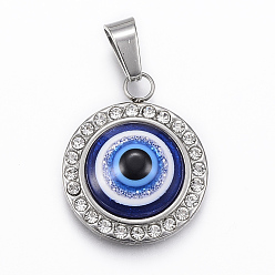 Stainless Steel Color 304 Stainless Steel Resin Pendants, with Rhinestone, Flat Round with Eye, Stainless Steel Color, 22x18x5.5mm, Hole: 4x7mm