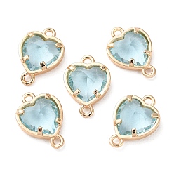Aquamarine K9 Glass Connector Charms, Heart Links with Golden Tone Brass Findings, Aquamarine, 14x10x4.5mm, Hole: 1.2mm