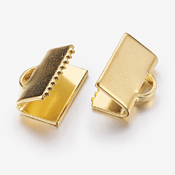 Golden Brass Ribbon Crimp Ends, Golden, Lead Free and Cadmium Free, Size: about 10mm long, 7mm wide, hole: 1x3mm