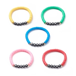 Mixed Color 5Pcs 5 Color Handmade Polymer Clay Disc Surfer Stretch Bracelets Set, Word Happy Acrylic Preppy Bracelets for Women, Mixed Color, Inner Diameter: 2-1/8 inch(5.5cm), 1Pc/color