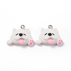 White Cartoon Opaque Resin Pendants, with Platinum Tone Iron Loops, Dog Charm, White, 20x26x9mm, Hole: 2mm